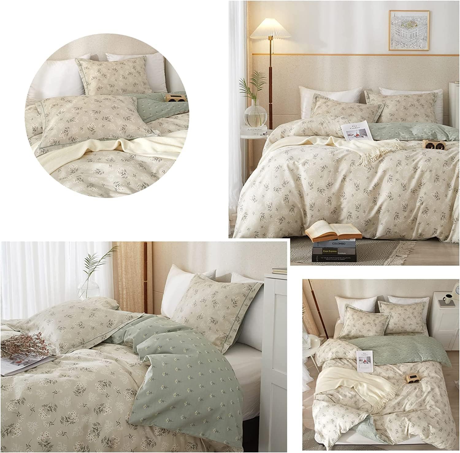 Lifetb Boho Floral Duvet Cover Twin Xl Cotton Aesthetic Floral Bedding Sets Vintage Garden Floral Comforter Cover Beige Sage Gre