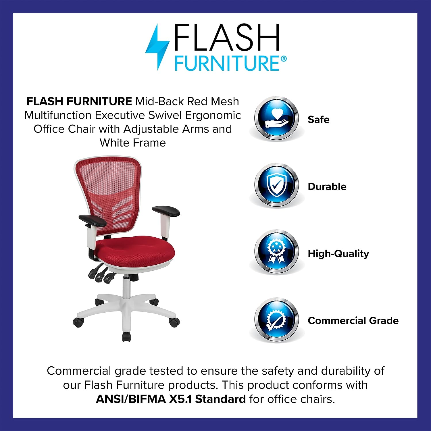 Flash Furniture Nicholas Mid-Back Red Mesh Multifunction Executive Swivel Ergonomic Office Chair With Adjustable Arms And White Frame