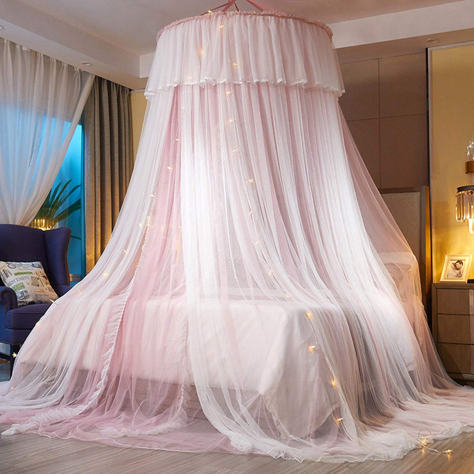 Vethin Princess Bed Canopy For Girls,Bed Canopy Curtain- Double Layer Sheer Mesh Dome Bed Curtain- Round Lace Princess Mosquito