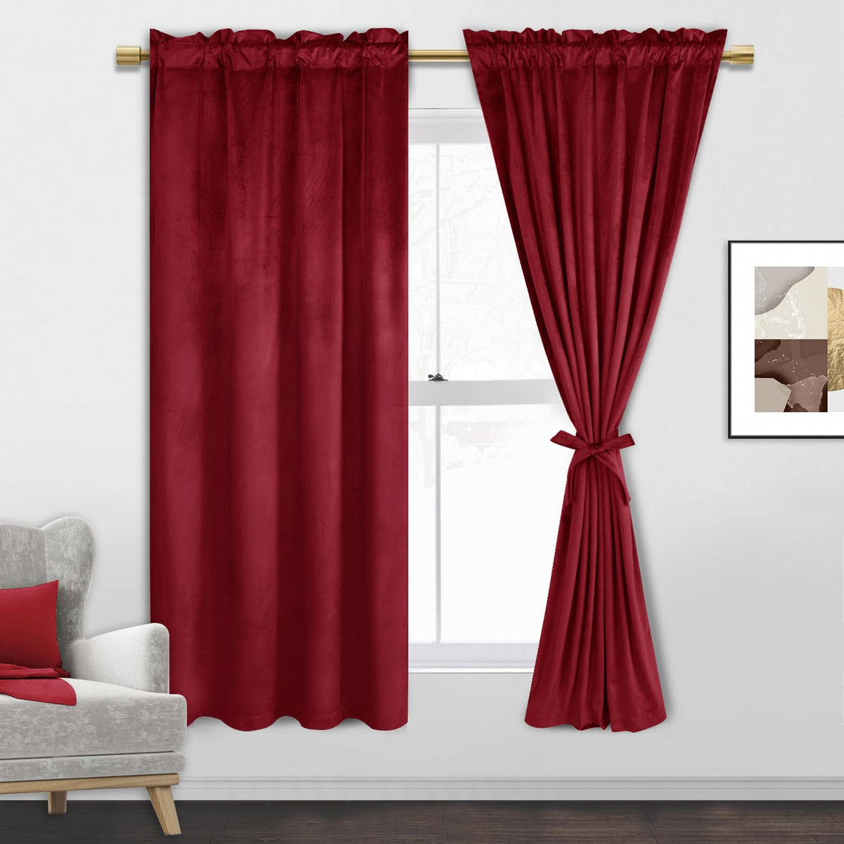 Jiuzhen Wine Red Velvet Curtains 63 Inches For Living Room - Privacy Protect Room Darkening Rod Pocket Thick Velvet Window Drape