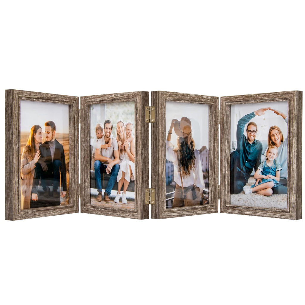 5x7 Four Picture Frame 4 Hinged Photo Frame with 4 Openings, Natural Wood Foldable Photo Frame with High Definition Acrylic for 