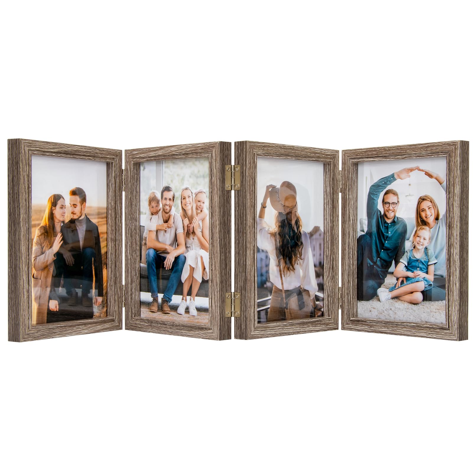 5x7 Four Picture Frame 4 Hinged Photo Frame with 4 Openings, Natural Wood Foldable Photo Frame with High Definition Acrylic for 