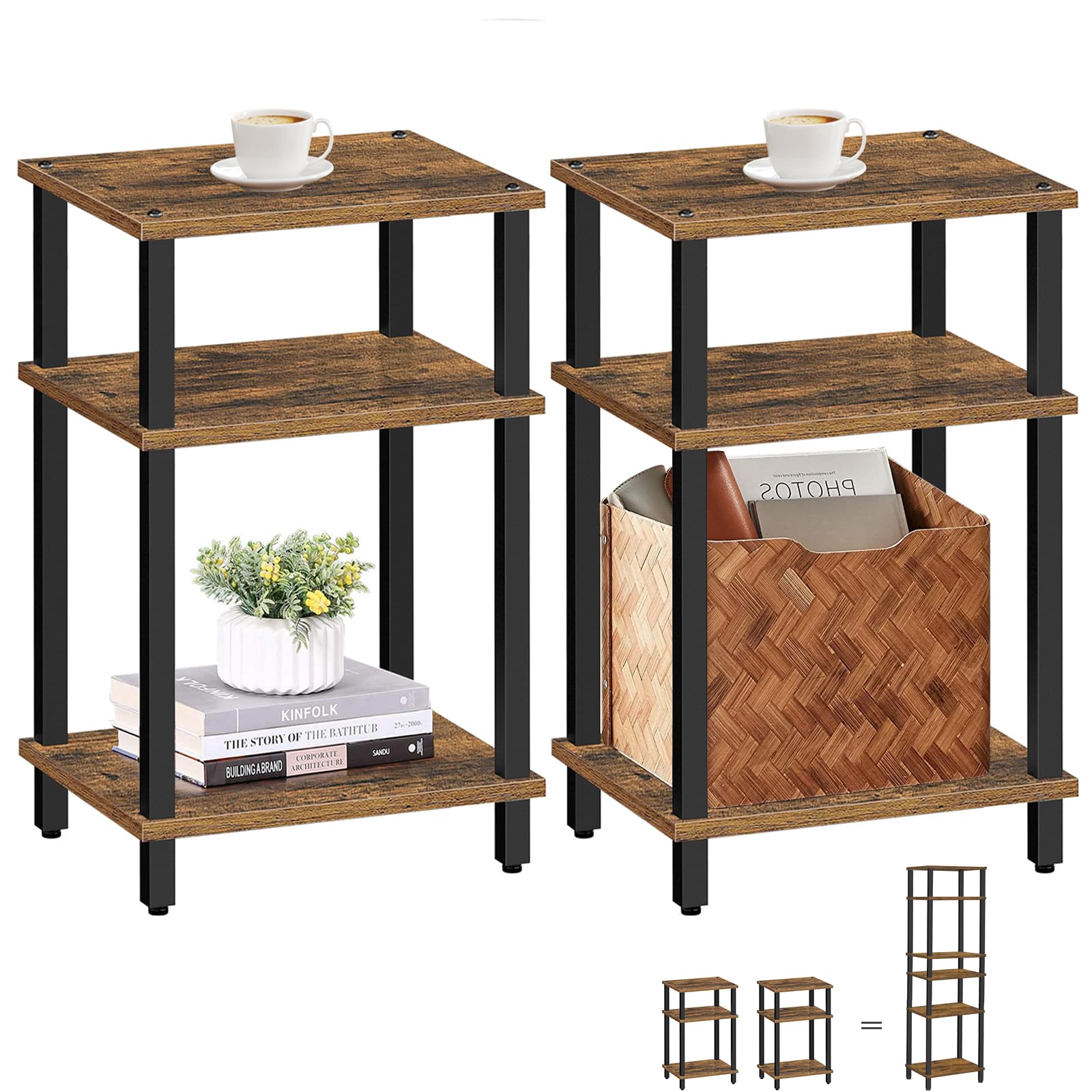 TUTOTAK Set of 2 End Table, Side Table, Nightstand, 3-Tier Storage Shelf, Couch Table for Small Space TB01BB0492