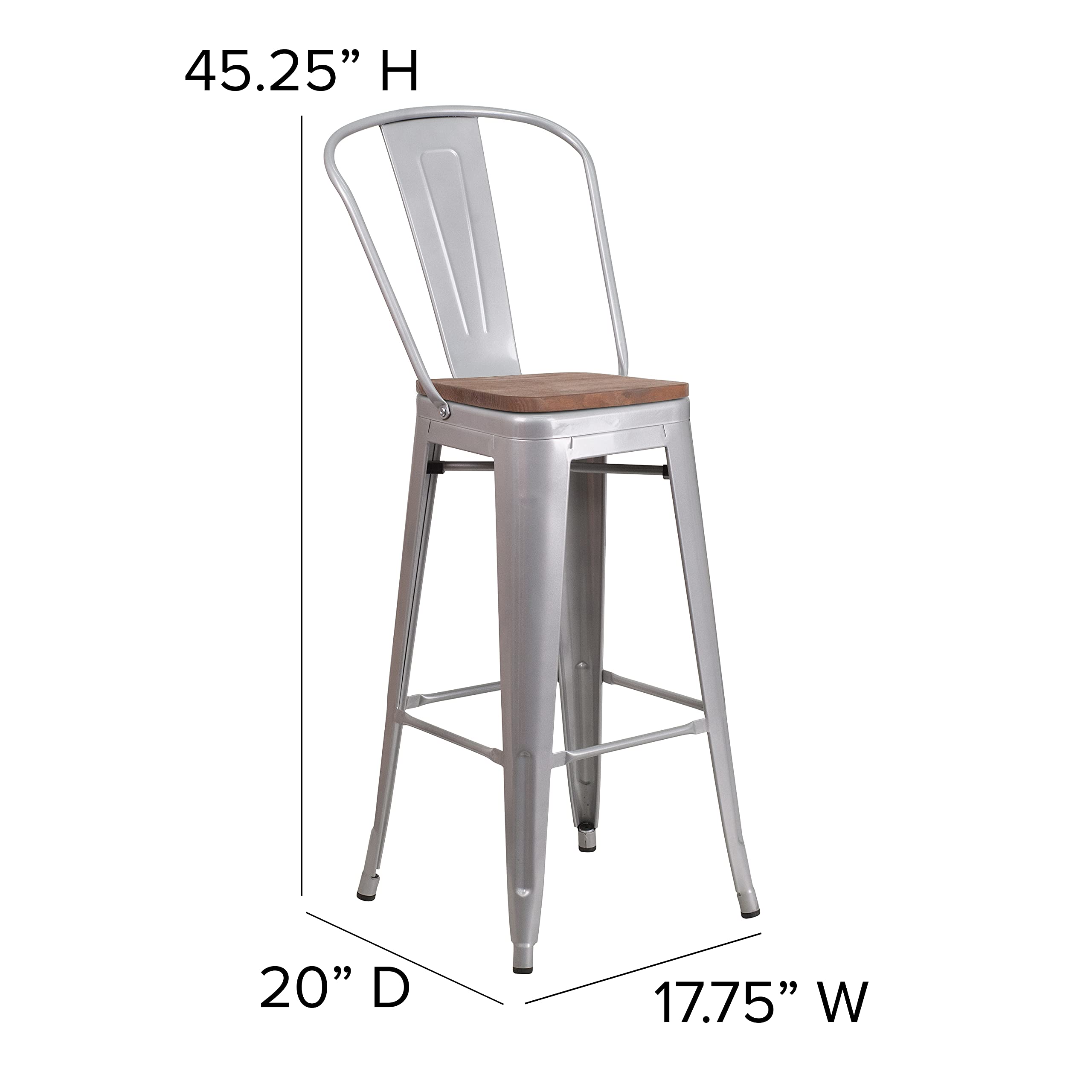 Flash Furniture Lily 30" High Silver Metal Barstool With Back And Wood Seat (Pack Of 1)