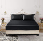 SiinvdaBZX 3-Piece Set Satin Queen Fitted Sheet & 2 Pillowcase, Black Silky Soft Fitted Bottom Sheet, Wrinkle Free, Fade Resista