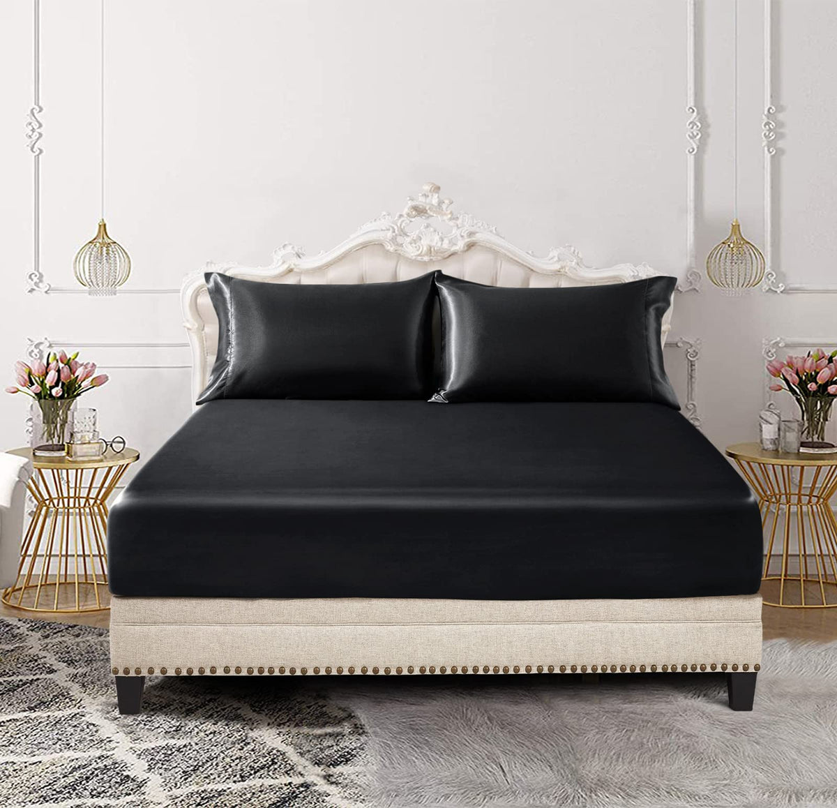 Siinvdabzx 3-Piece Set Satin Twin Fitted Sheet & 2 Pillowcase, Black Silky Soft Fitted Bottom Sheet, Wrinkle Free, Fade Resistan