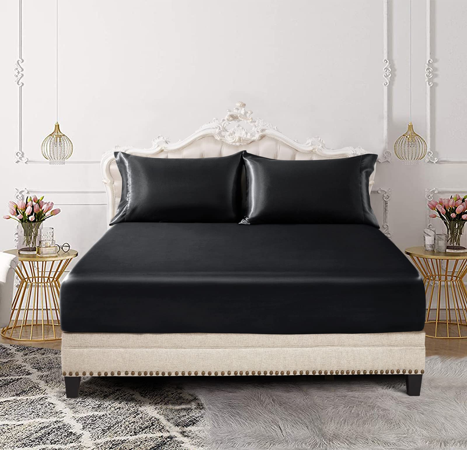 Siinvdabzx 3-Piece Set Satin Twin Fitted Sheet & 2 Pillowcase, Black Silky Soft Fitted Bottom Sheet, Wrinkle Free, Fade Resistan