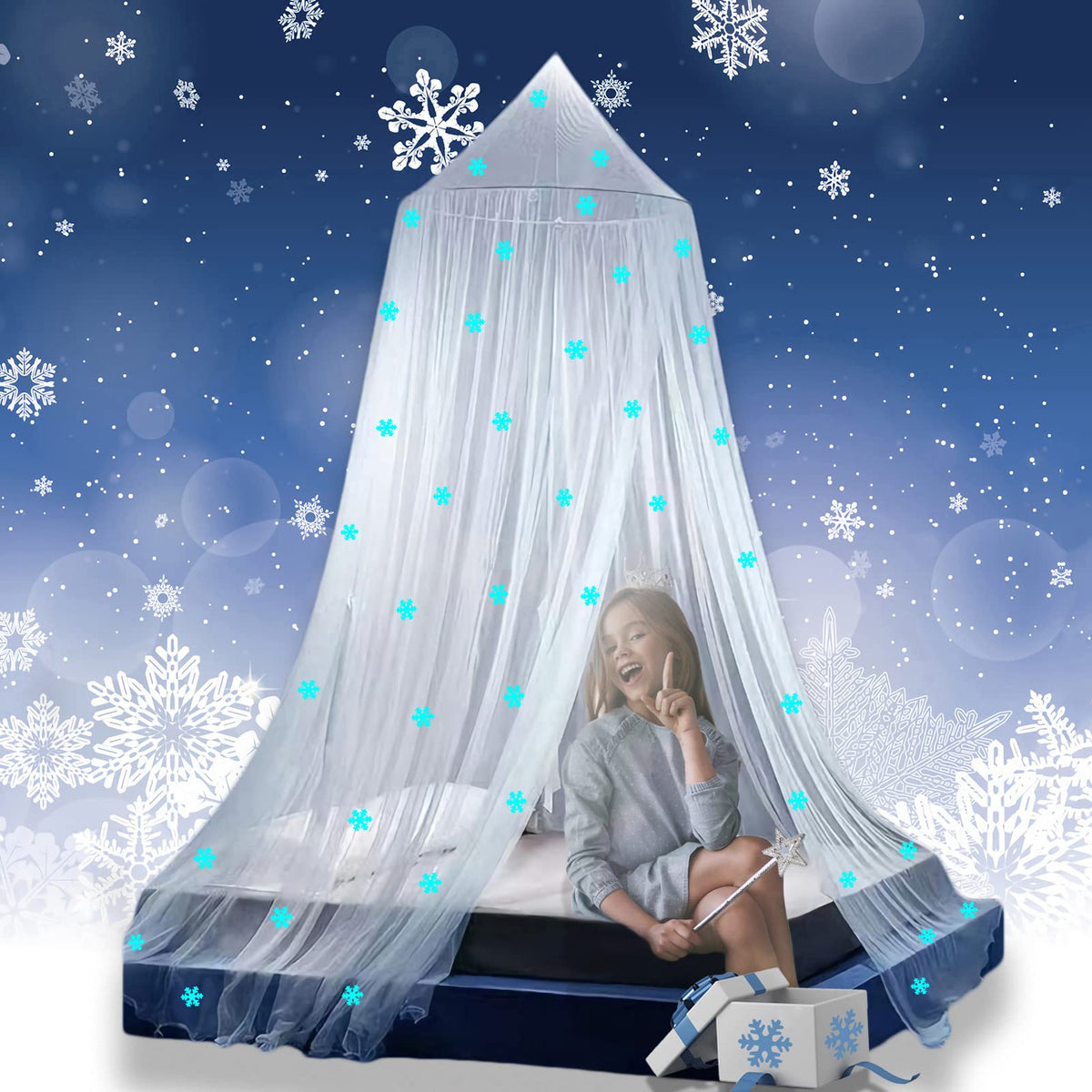 Eimilaly Princess Bed Canopy Glow In The Dark, Christmas Snowflakes Bed Canopy For Girls Room Decor, Encrypted Fabric, White