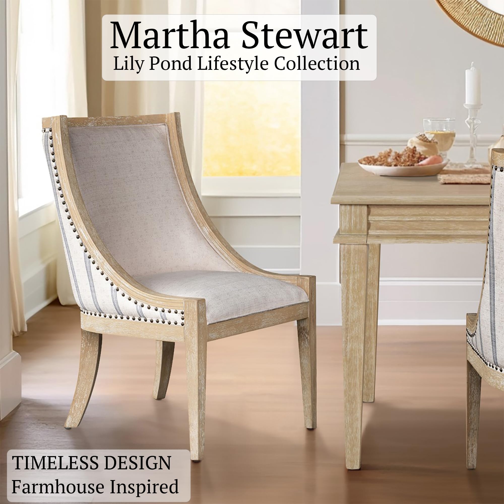 Martha Stewart Farmhouse Dining Room Chair, Recessed Arm Chair For Bedrooms, Nailhead Trim, Solid Wood Legs, Upholstered Reading Accent Chairs For Living Room, Kitchen Décor, Elmherst - Soft Green