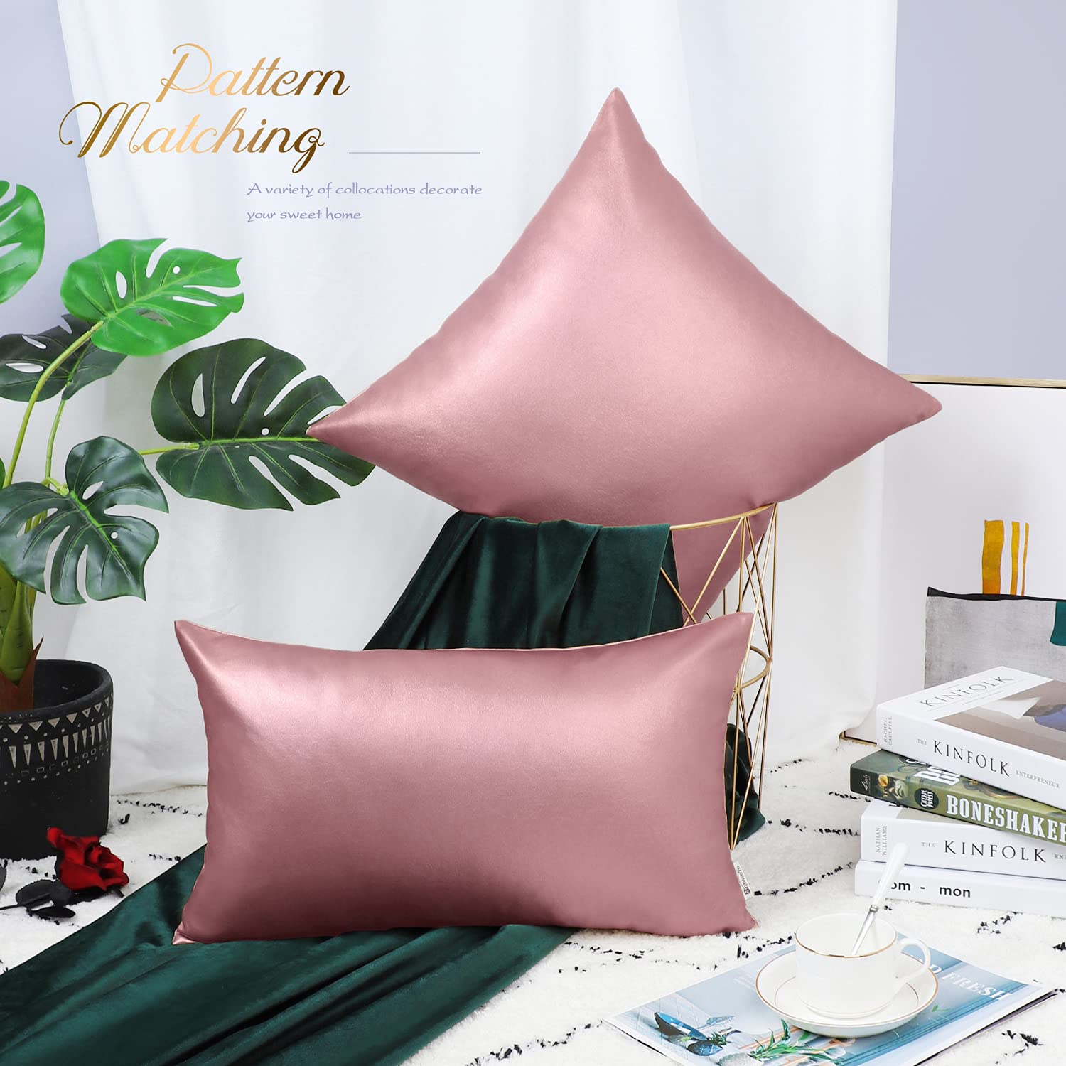 BRAWARM Faux Leather Throw Pillow Cover 16 x 16 Inches Rose Gold Pack of 2