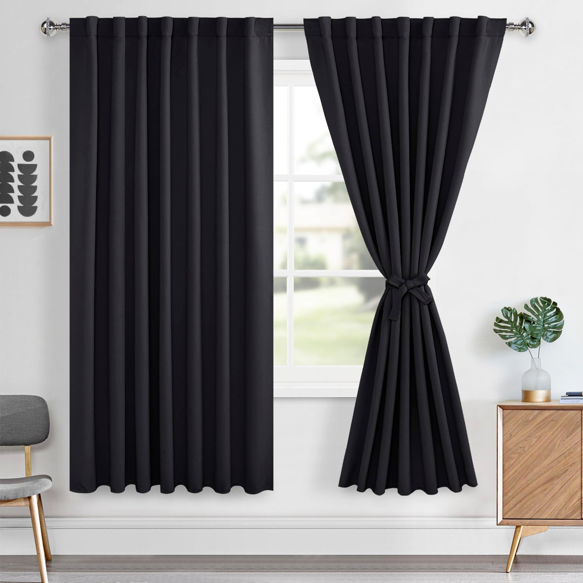 Hiasan Back Tab Blackout Curtains 2 Panels, Rod Pocket Black Curtains for Bedroom, Room Darkening Halloween Curtains for Living 