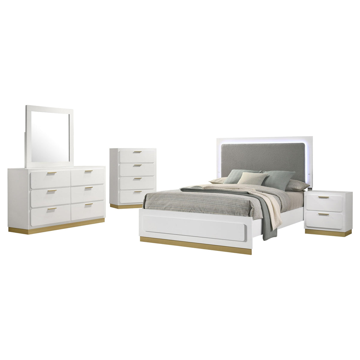 Coaster Home Furnishings Caraway Contemporary 5-Piece Bedroom Set Fabric Upholstered California King Size LED Panel Bed Frame 55-inch Headboard White 224771KW-S5