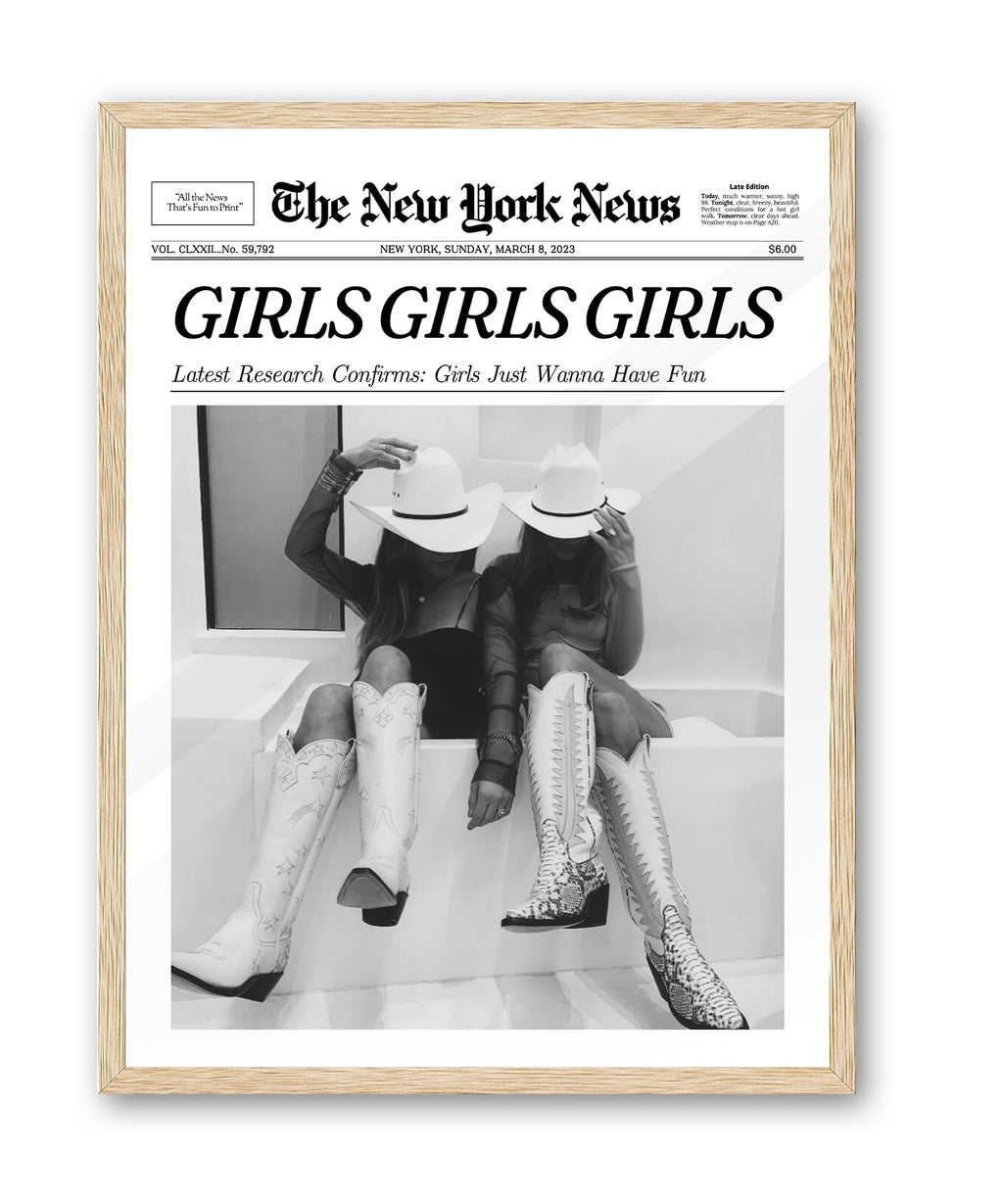 iHery Girls Just Wanna Have Fun Framed Trendy Cowgirl NewsPaper Wall Art, 12x16in Natural OAK Wood Black and White Canvas Wall D