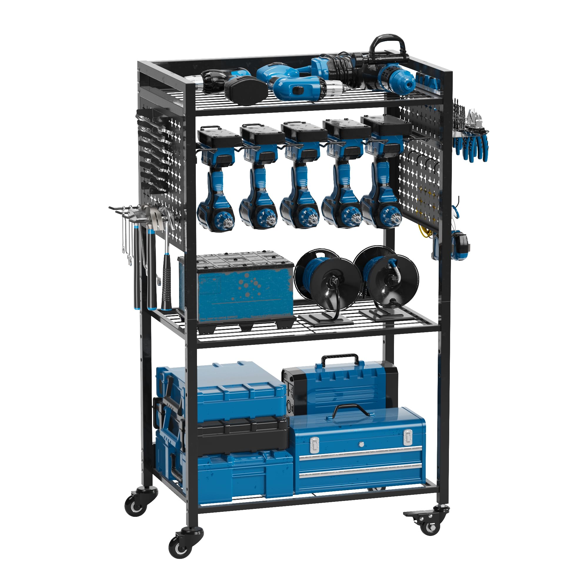 VDEVY Power Tool Organizer Cart, Rolling Tool Drills Holders Storage Rack on Wheels, 38 inch Black Utility Cart for Garage Workb