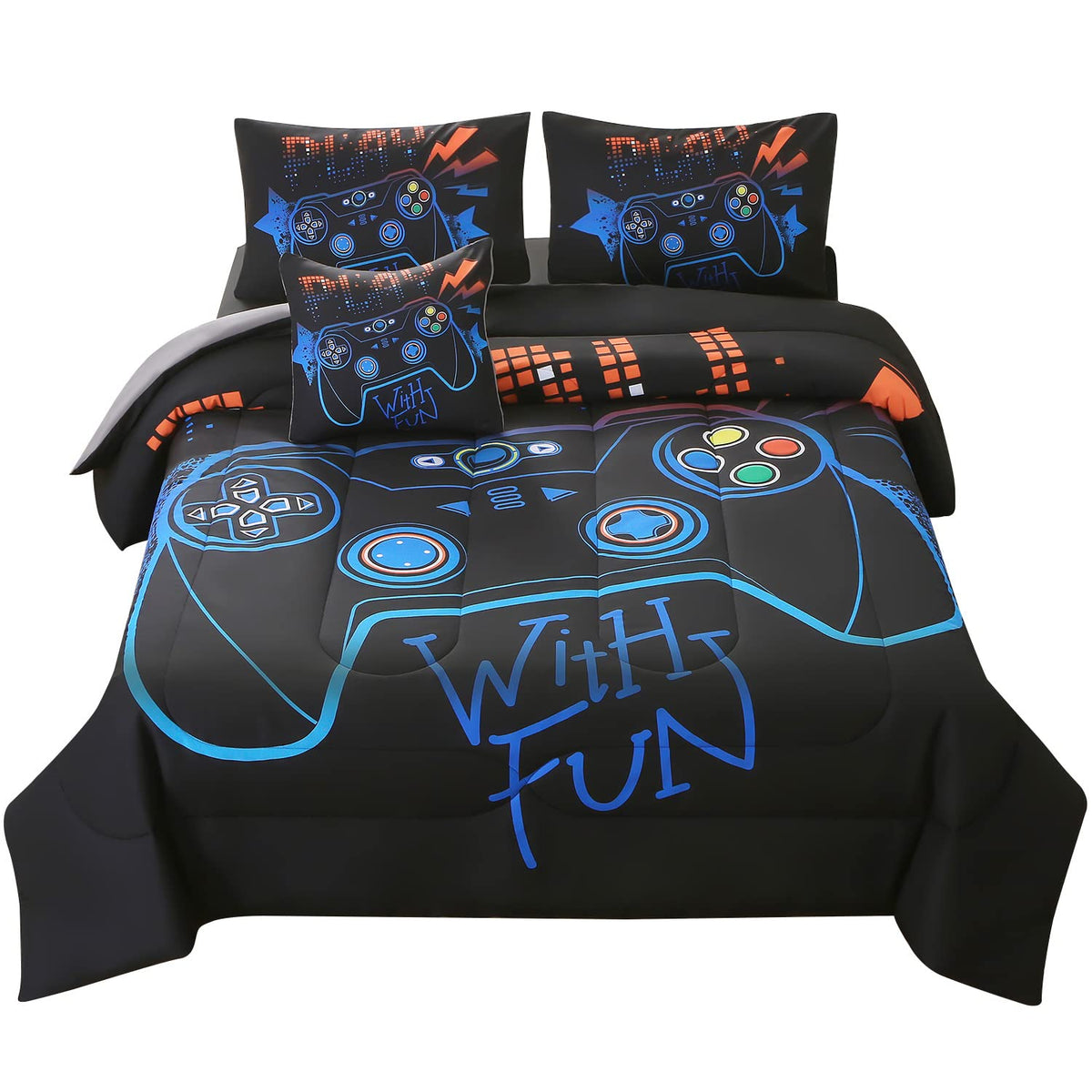 Jqinhome Full Gaming Comforter Sets For Boys,6 Piece Bed In A Bag 3D Video Game Bedding -All Season Soft Microfiber Gamer Beddin