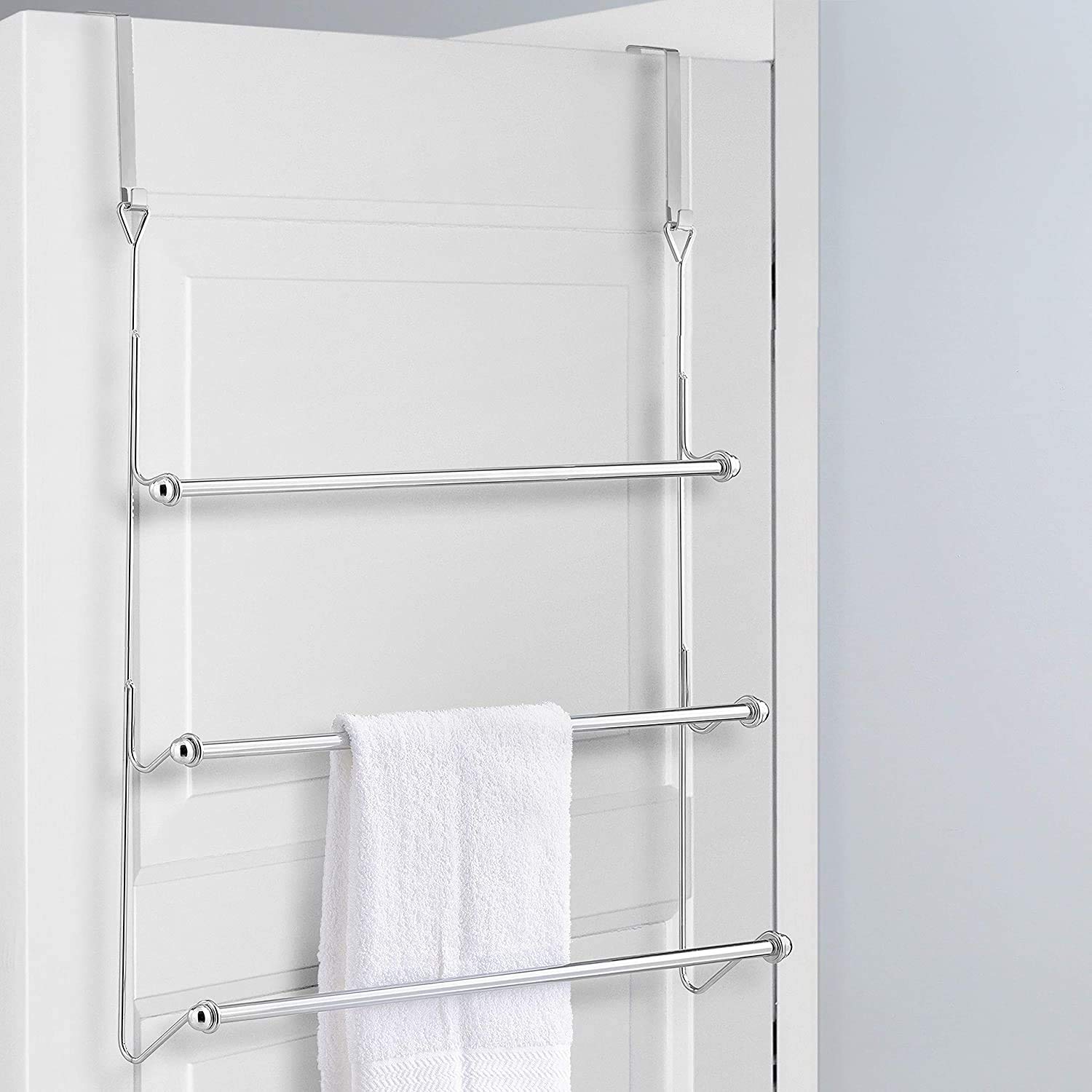 MyGift 3 Tier Silver Metal Over The Door Bathroom Towel Rack, Small Space Extra Storage Towel Bar Hanger