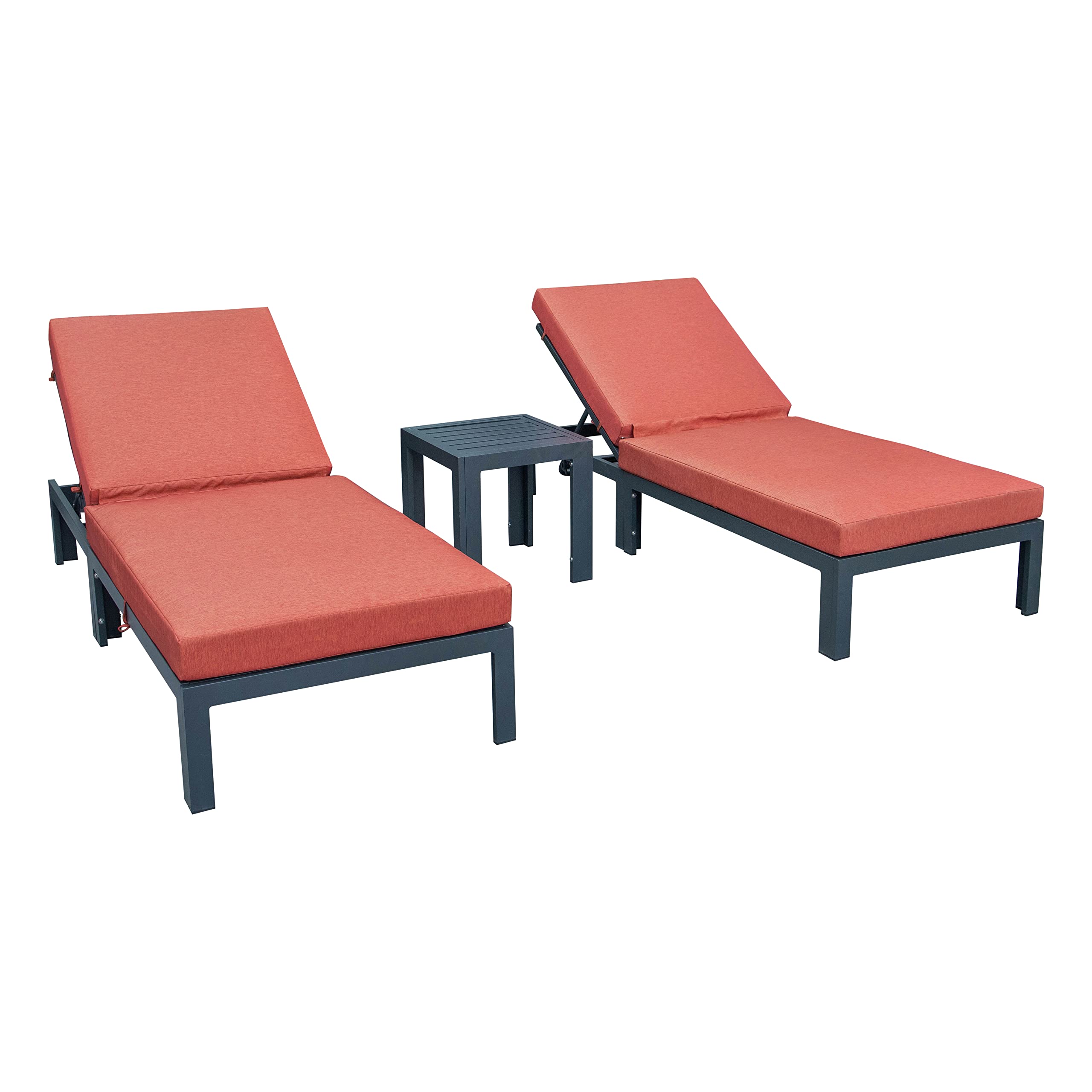 LeisureMod Chelsea Modern Aluminum Outdoor Chaise Lounge Chair Set of 2 with Side Table & Cushions (Orange)