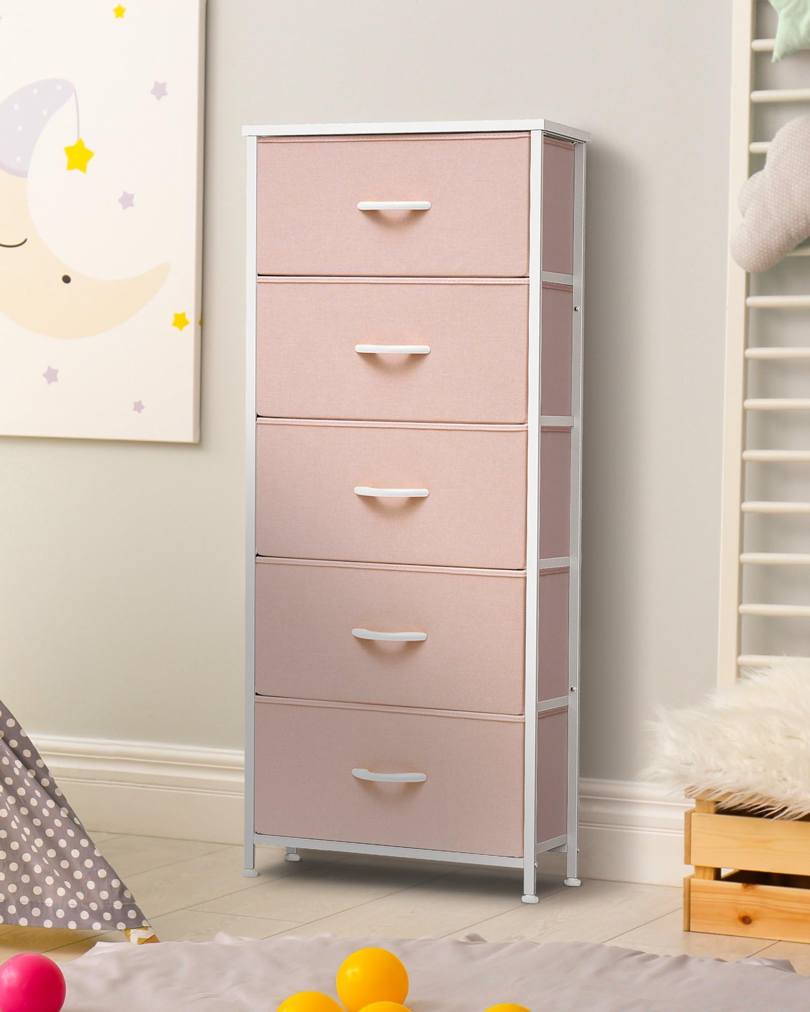 Crestlive Products Tall Dresser For Girls Bedroom, Chest Of 5 Drawers, Fabric Storage Tower, Clothing Organizer For Bedroom, Hallway, Entryway, Closets, Nursery(Pink)