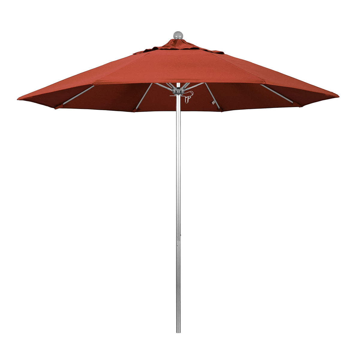 California Umbrella 9' Round Aluminum/Fiberglass Umbrella, Push Open, Silver Pole, Sunbrella Terracotta