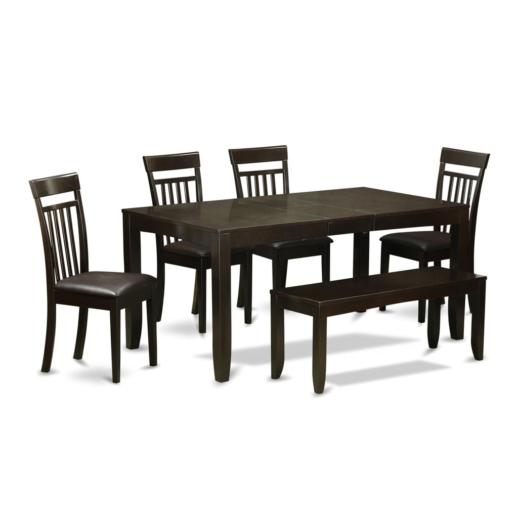 East West Furniture LYCA6-CAP-LC Lynfield 6 Piece Set Contains a Rectangle Dining Room Table with Butterfly Leaf and 4 Faux Leather Kitchen Chairs with a Bench, 36x66 Inch, Cappuccino