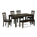 East West Furniture LYCA6-CAP-LC Lynfield 6 Piece Set Contains a Rectangle Dining Room Table with Butterfly Leaf and 4 Faux Leather Kitchen Chairs with a Bench, 36x66 Inch, Cappuccino