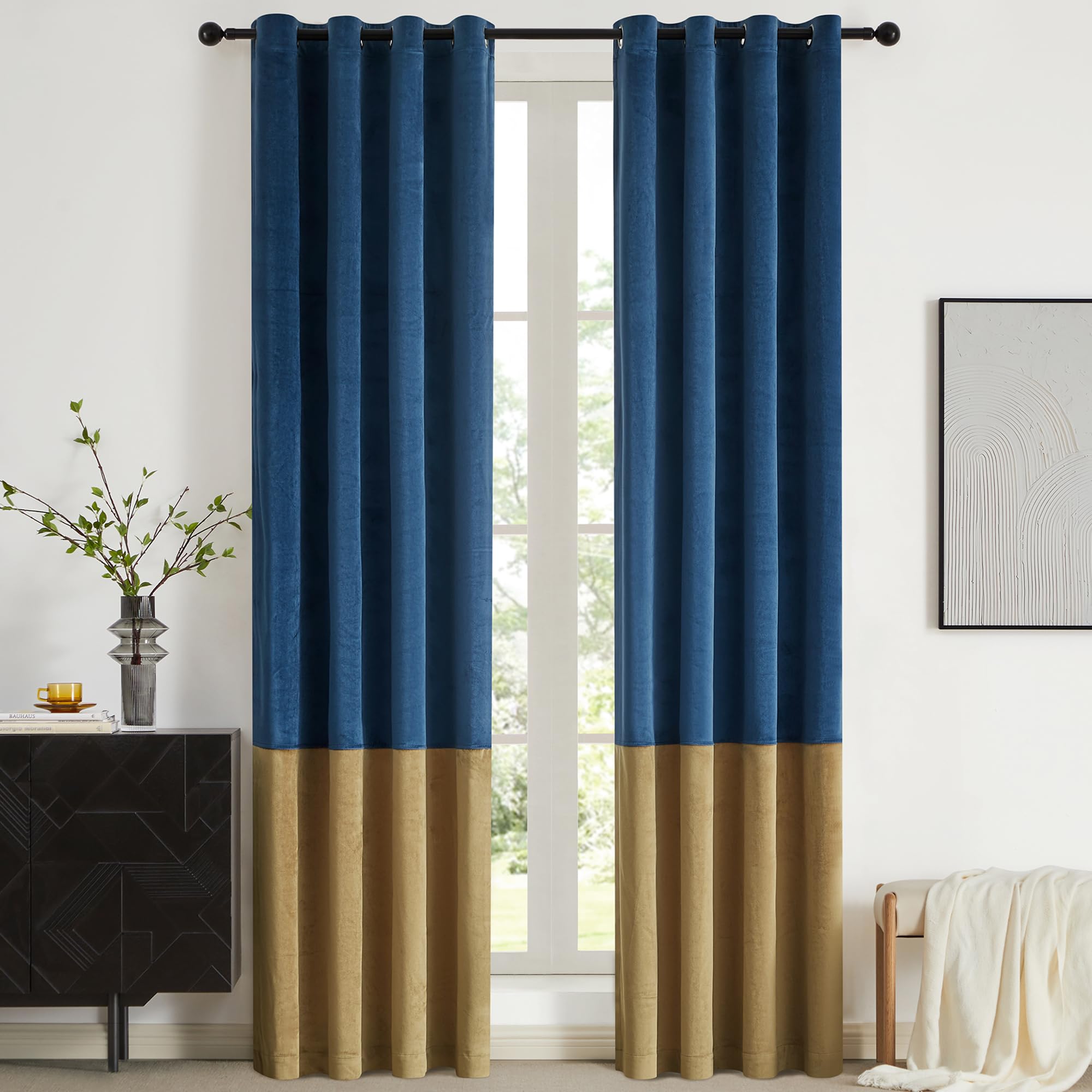 Bulbul Color Block Window Curtains Panels 120 Inches Long Navy Blue Gold Velvet Farmhouse Drapes For Bedroom Living Room Darkeni