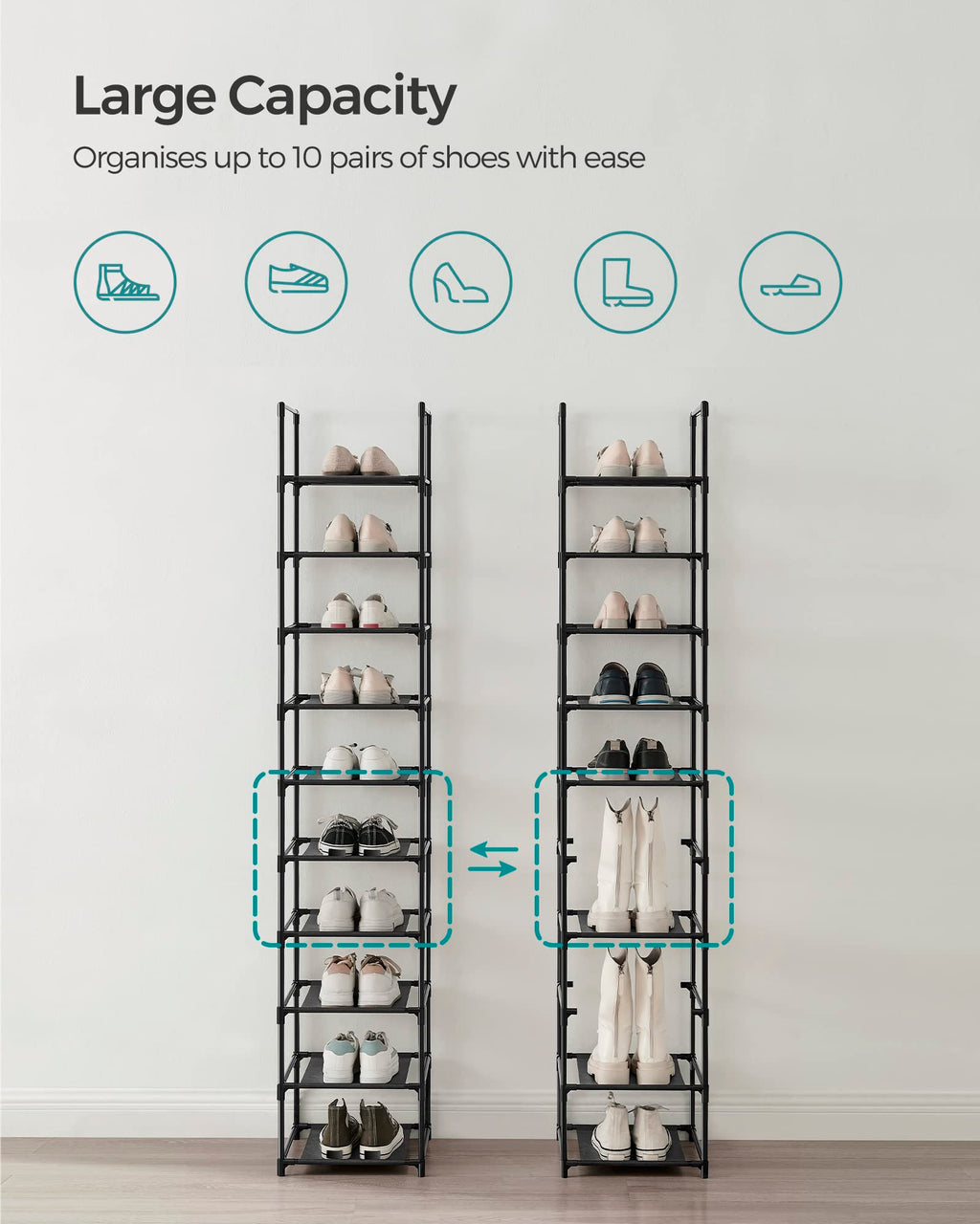 Songmics Shoe Rack, 10 Tier Shoe Shelf, Shoe Storage Organizer, Space-Saving, 13 X 13 X 68.1 Inches, Metal Frame, Non-Woven Fabric Shelves, For Entryway, Bedroom, Black Ulsr110B02