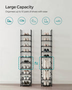 Songmics Shoe Rack, 10 Tier Shoe Shelf, Shoe Storage Organizer, Space-Saving, 13 X 13 X 68.1 Inches, Metal Frame, Non-Woven Fabric Shelves, For Entryway, Bedroom, Black Ulsr110B02