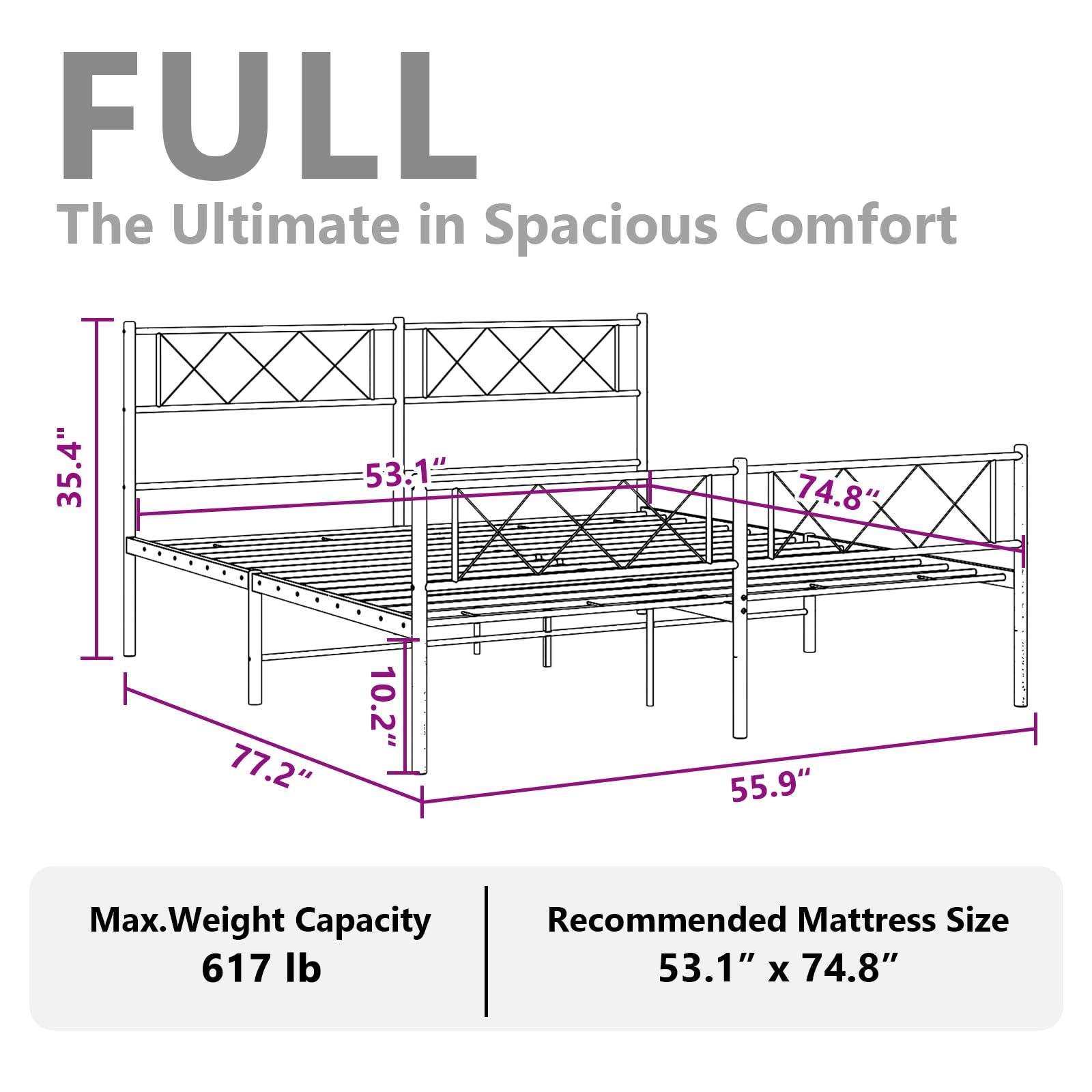 vidaXL 12'' Metal Full Bed Frames with Headboard and Footboard, Platform Bed Frame with Strong Metal Slats Support, Under Bed Storage, Noise Free, Black, Without Mattress