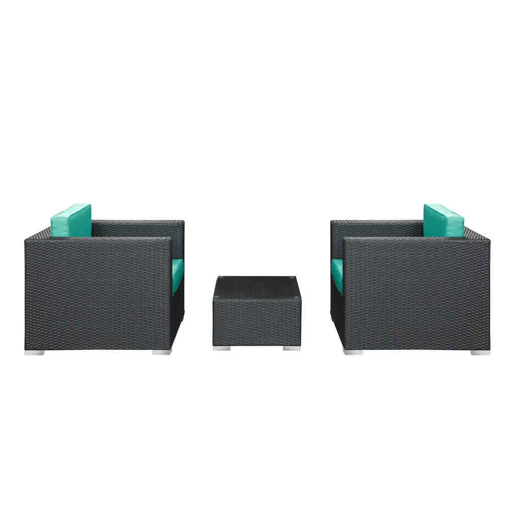Modway Burrow 3-Piece Espresso Patio Sectional Set With Turquoise Cushions