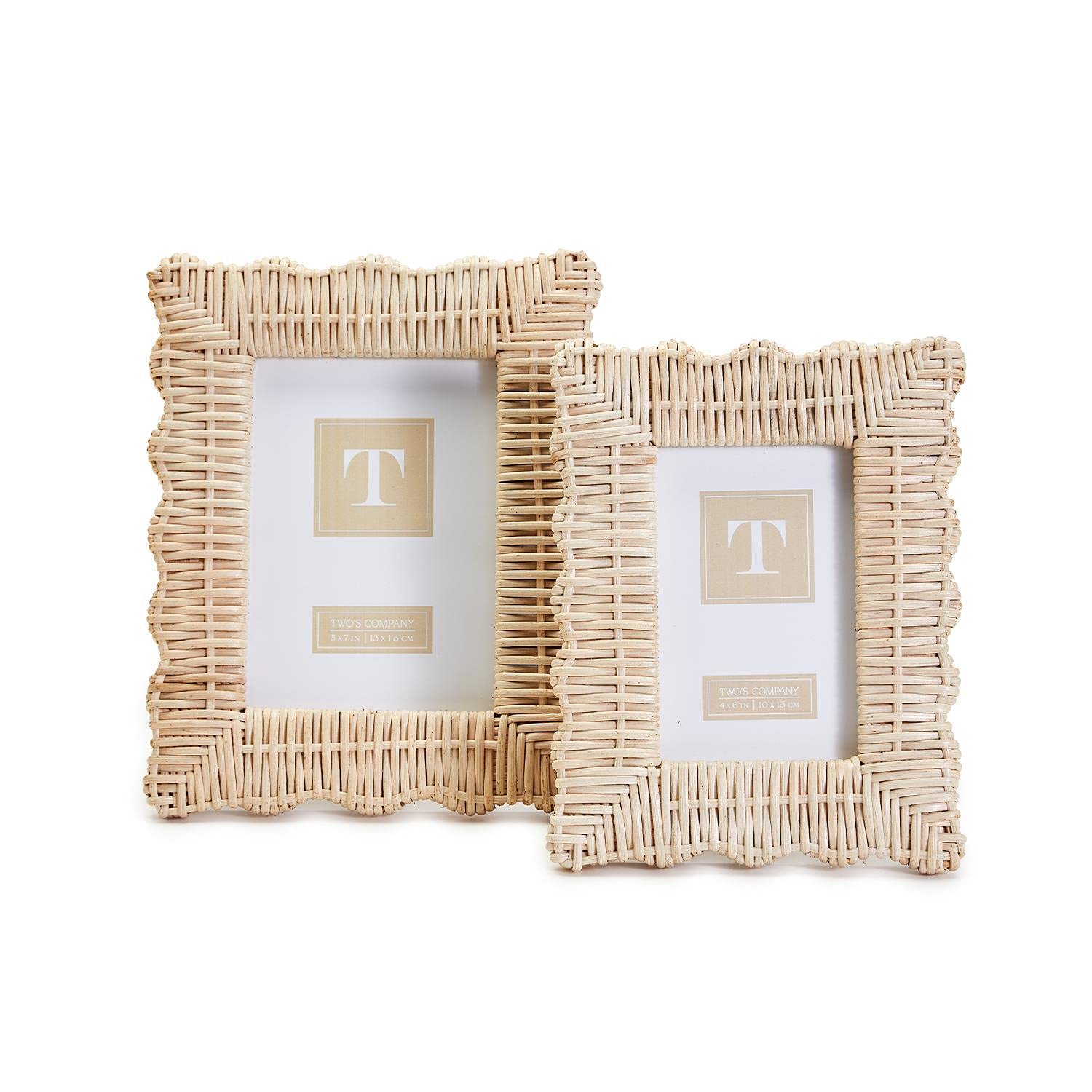Twos Company 2-Piece 4 x 6 and 5 x 7 Rattan Photo Frame Set, Hand Woven Wicker Weave Natural Wood Rustic Boho Decor Frames