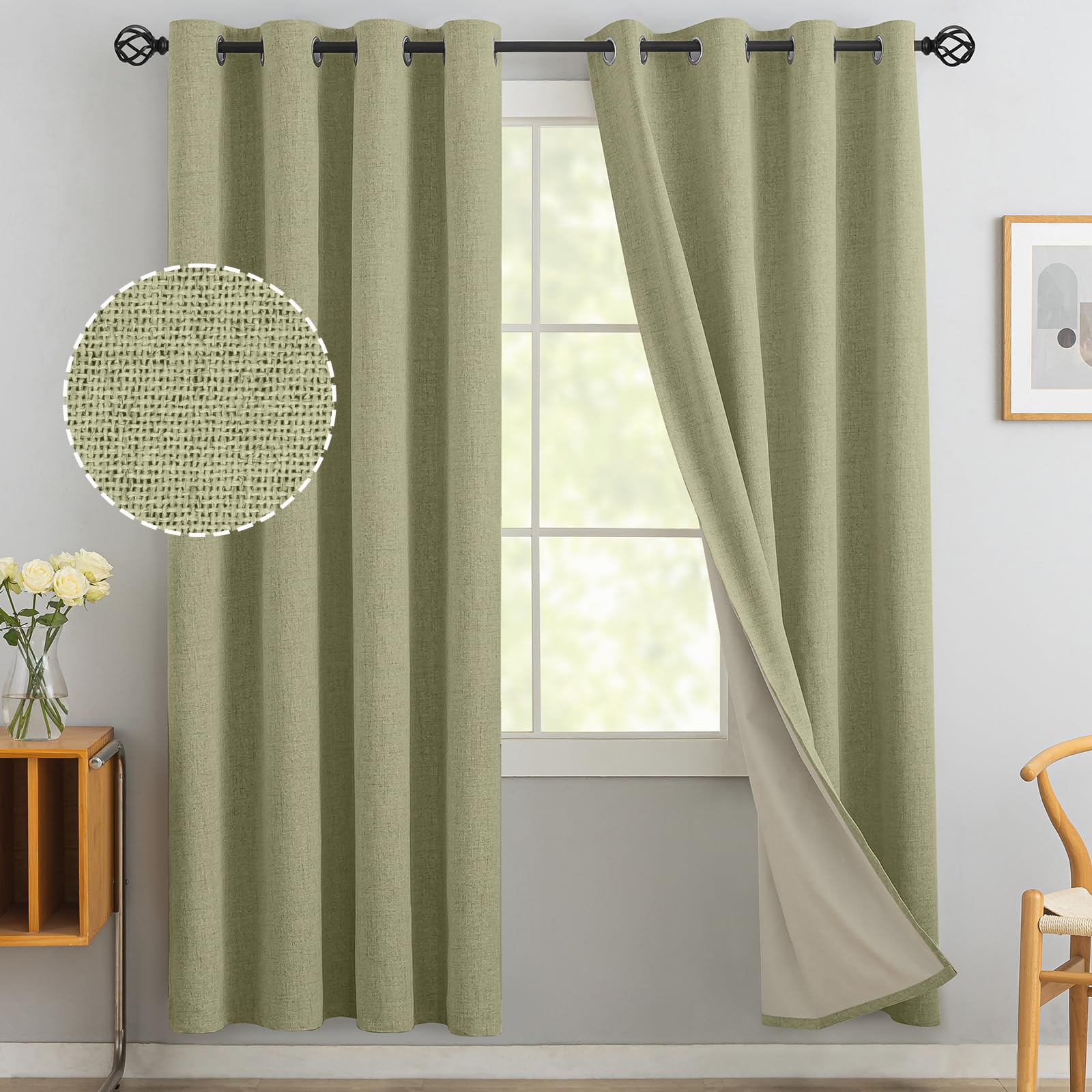 Yakamok Sage Green Linen Curtains 100% Blackout 72 Inches Long,Room Darkening Textured Curtains For Living Room Thermal Grommet