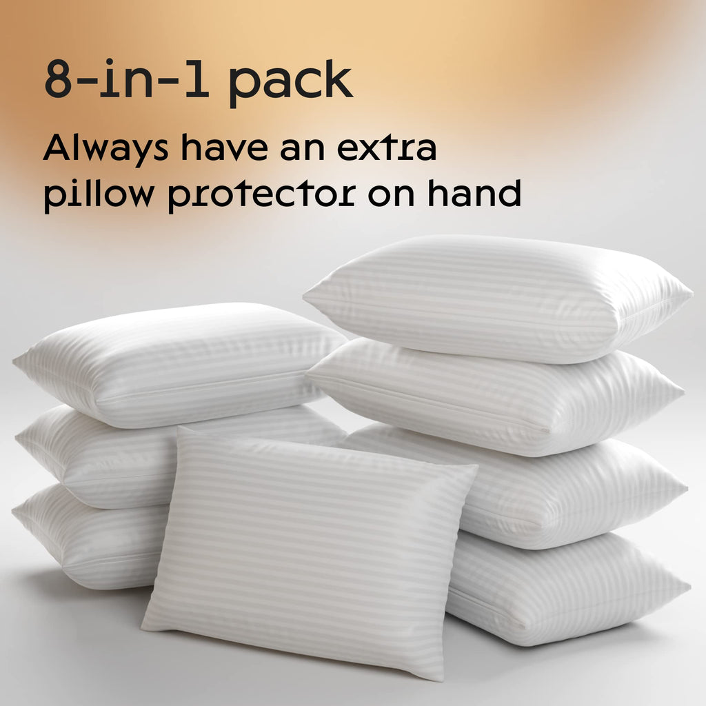 Set Of 8 Pillow Protectors With Zipper King Size - 100% Resistant To Stains, Dust & Dirt - Washable Covers For Increased Pillow