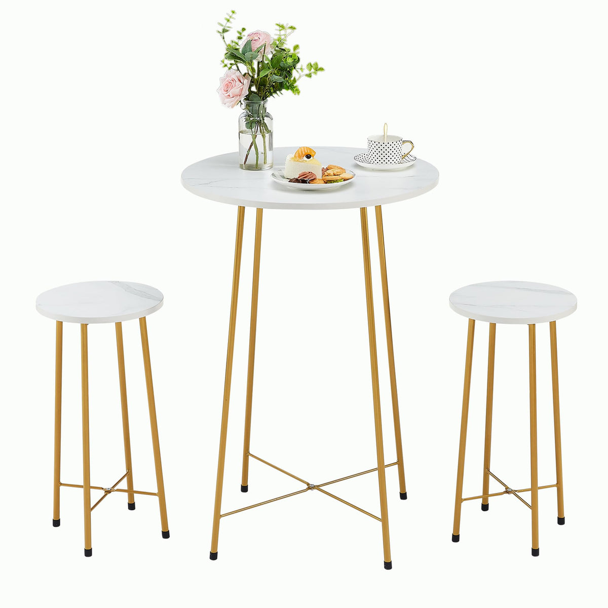 Vecelo Small Bar Table And Chairs, Round Bistro Sets With 2 Barstools, 3-Piece Pub Dining Furniture, Counter Height Wood Top For