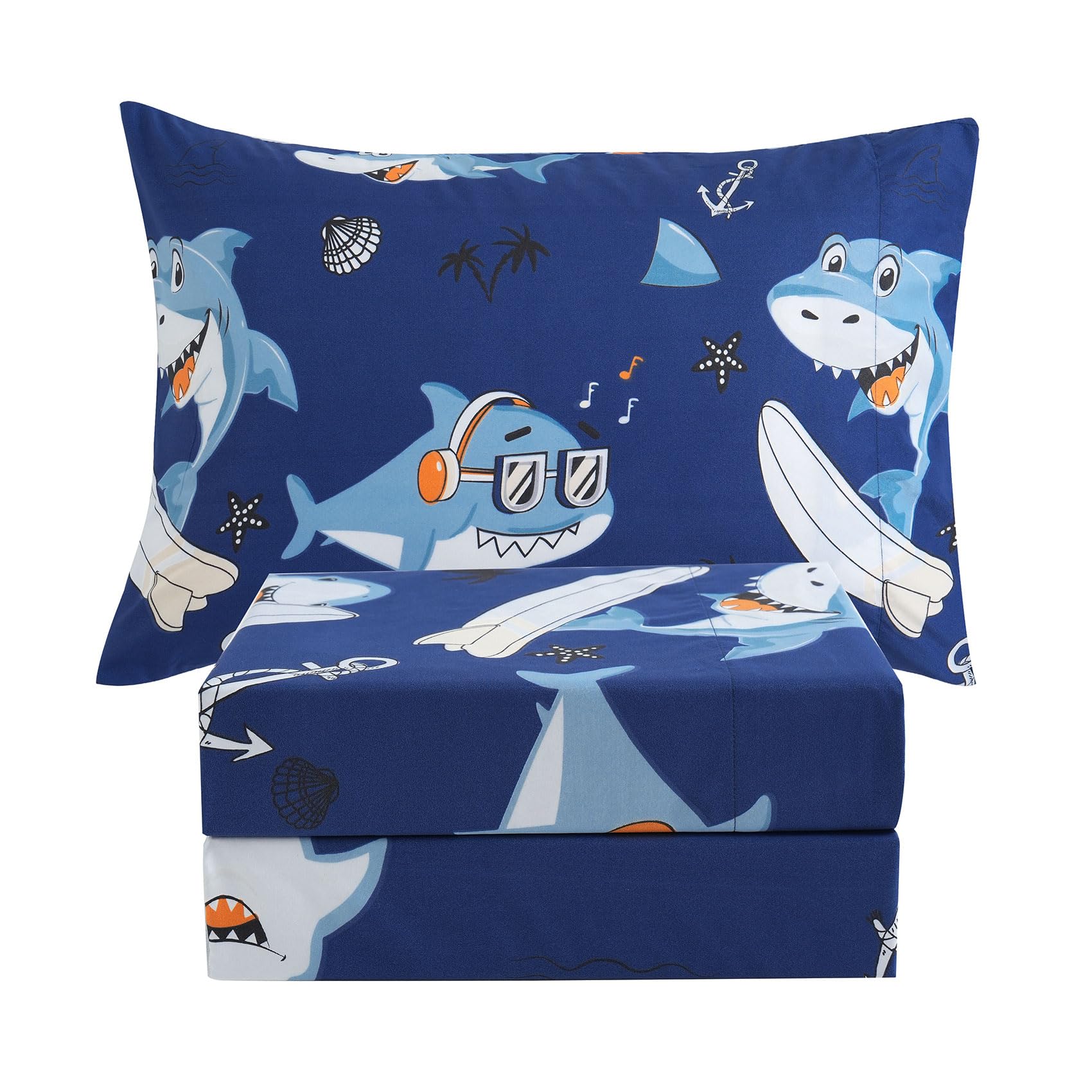 Jsd Blue Shark Surfing Kids Sheet Set Twin Size, 3 Piece Nautical Printed Microfiber Sheets Deep Pocket