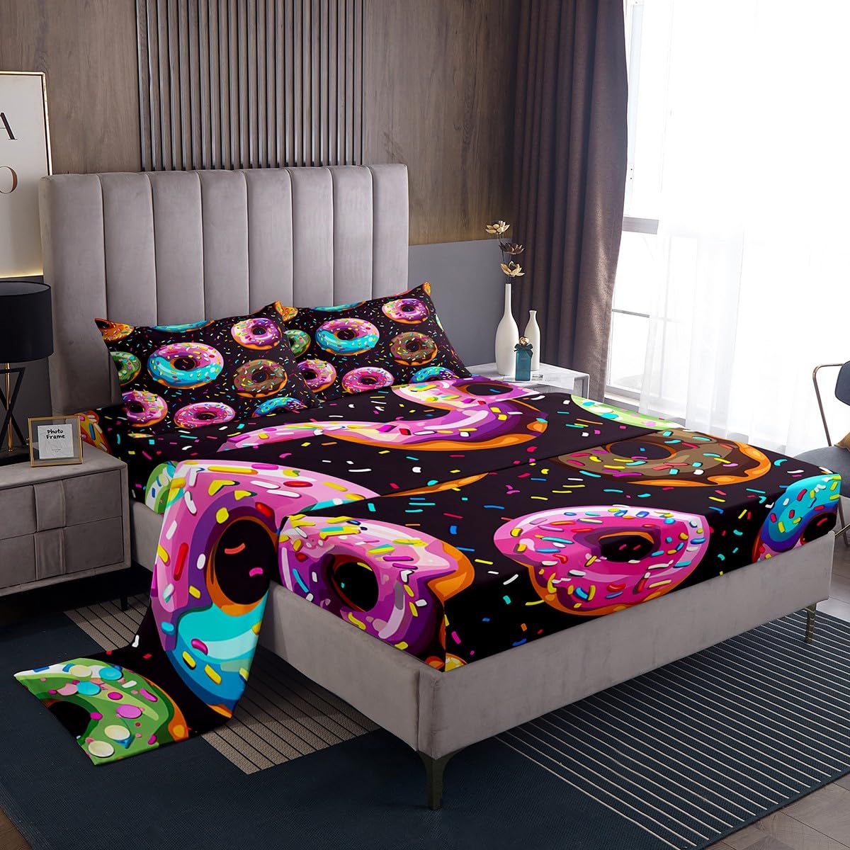 Feelyou Donuts Sheets with Deep Pocket Fitted Sheet Chocolate Doughnut Sheet Set for Boys Girls Children Colorful Cartoon Whimsi
