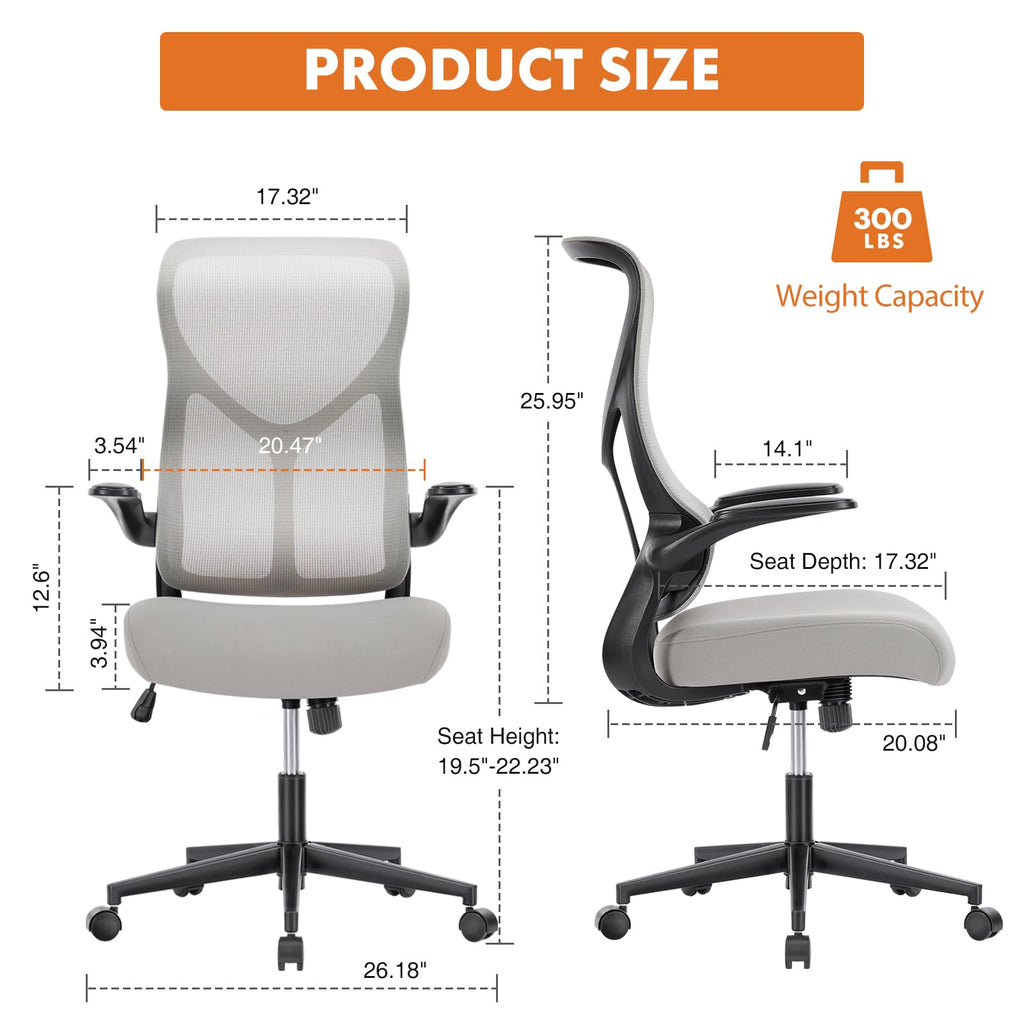 Sweetcrispy Ergonomic Office Desk Computer Chair, Comfy High Back Swivel Rolling Home Mesh Gaming Chairs With Wheels, Lumbar Support, Flip-Up Arms,120°Tilt For Bedroom, Study, Work, Grey