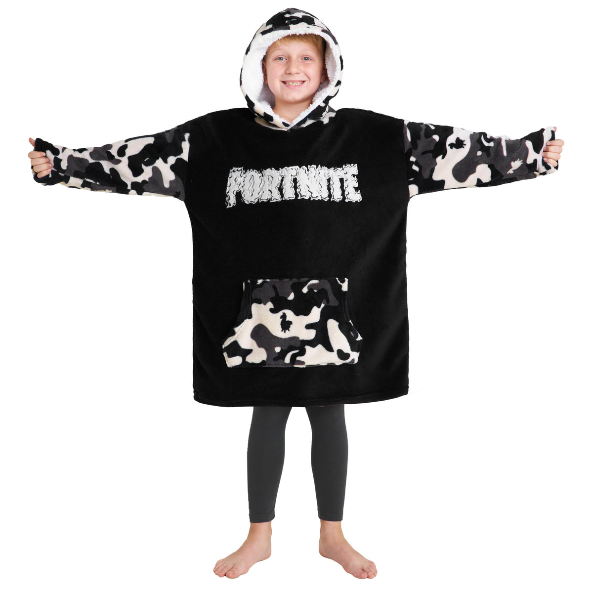 Fortnite Blanket Hoodie For Boys Teens 14+ Wearable Blanket Fleece Extra Long (Black/White Camo Kids)