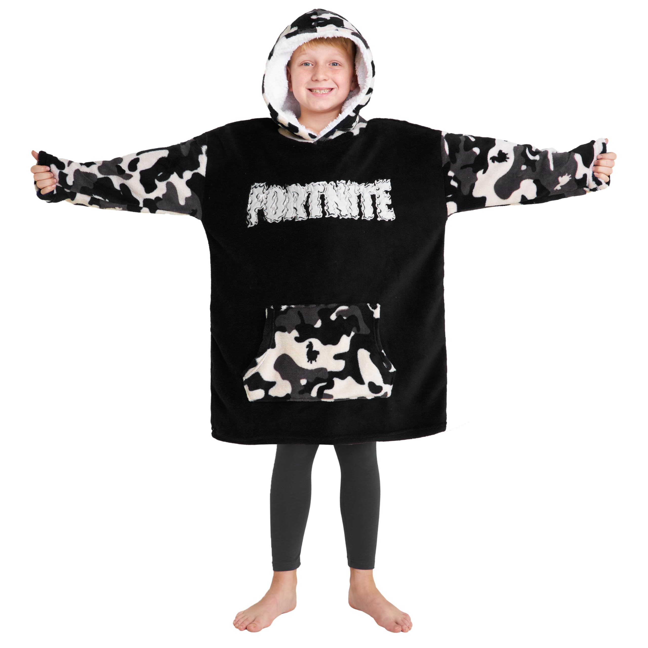 Fortnite Blanket Hoodie For Boys Teens 14+ Wearable Blanket Fleece Extra Long (Black/White Camo Kids)