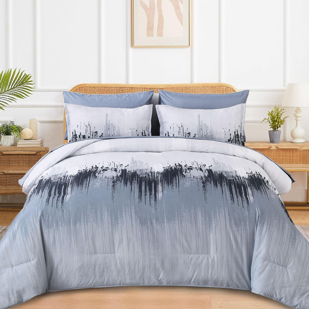 Wongs Bedding Comforter Set Queen, Blue 7 Pieces Bed In A Bag Abstract Gradient Comforter Dusty Blue Soft Microfiber Bedding Wit
