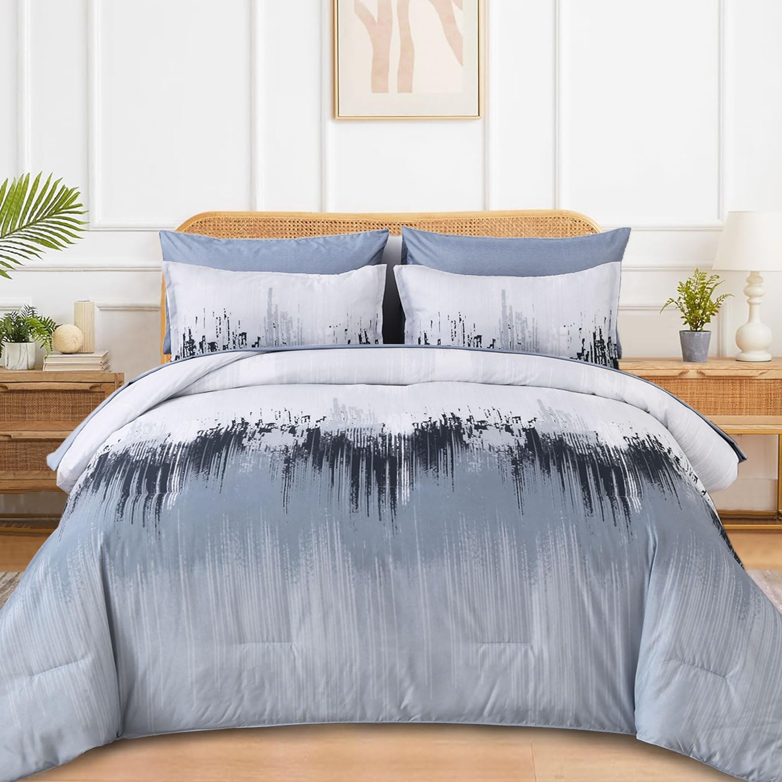 Wongs Bedding Comforter Set King, Blue 7 Pieces Bed In A Bag Abstract Art Gradient Comforter Dusty Blue Soft Microfiber Bedding