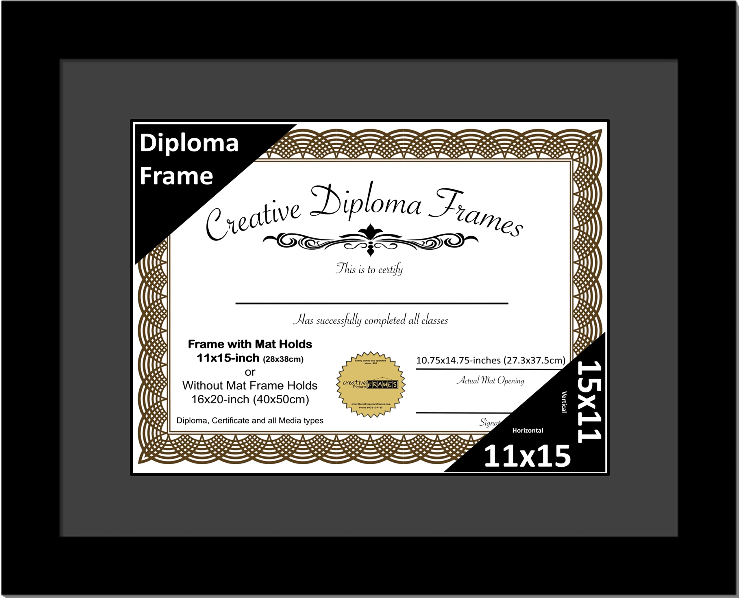 Creative Picture Frames 11x15 Classic Black Diploma Frame with Black Mat Glass Easel and Installed Wall Hangers | Frame Holds 16