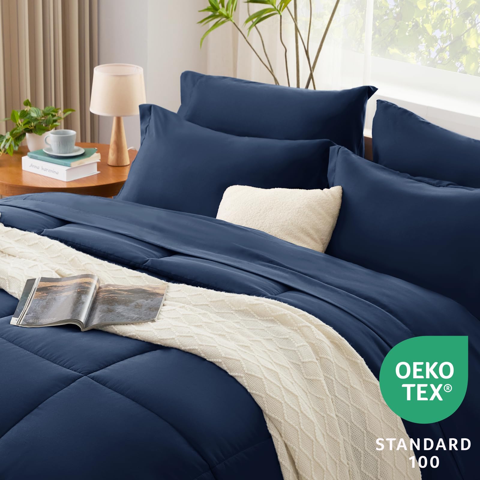 Cozylux Navy Blue Comforter Set Queen 7 Pieces Bed In A Bag Navy Blue Bedding Sets Complete Bed Set For All Season With Comforter, Flat Sheets, Fitted Sheet, Pillowcases & Shams