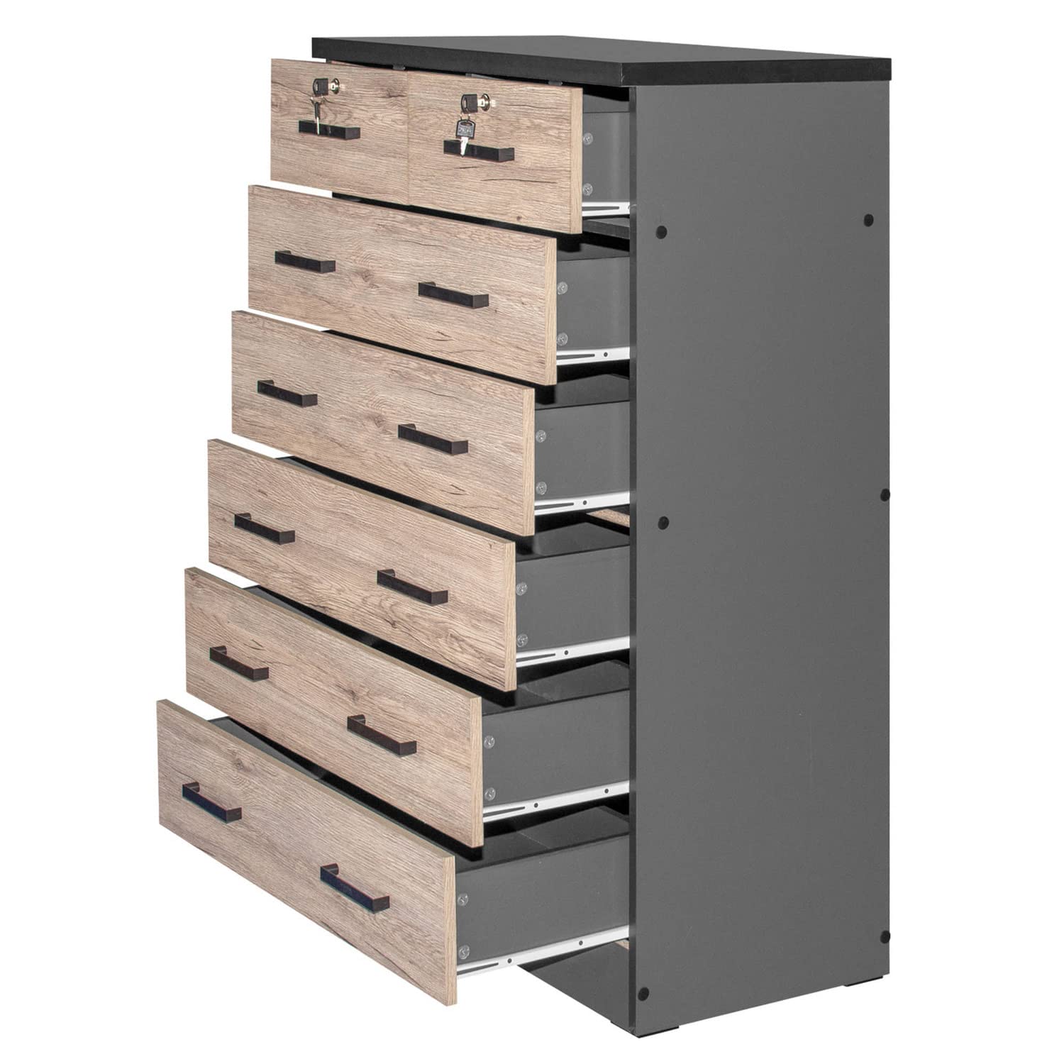 Better Home Products Cindy 7 Drawer Chest Wooden Dresser Natural Oak & Dark Gray