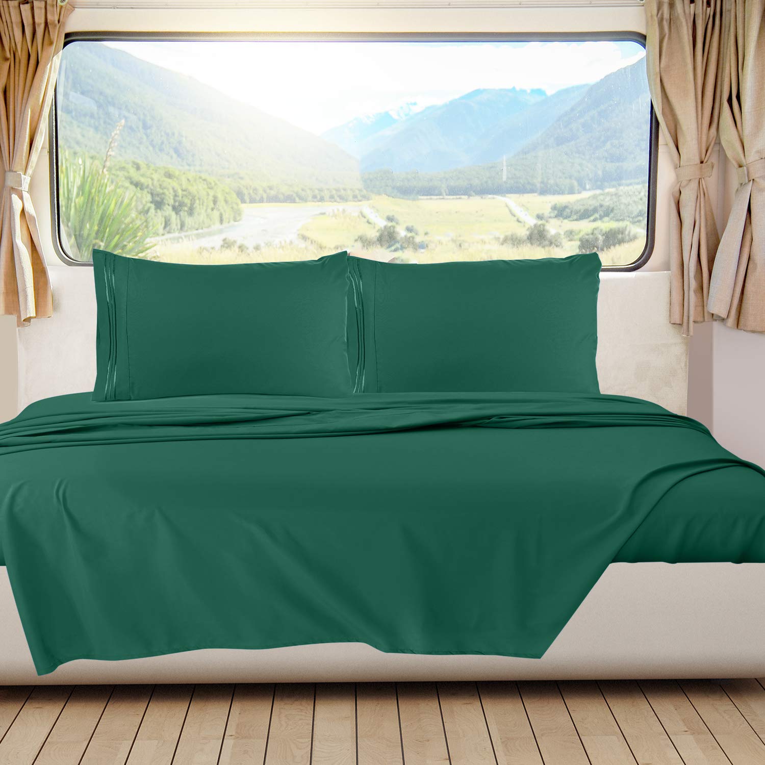 Nestl Hunter Green Rv Queen Sheets – Super Soft Rv Short Queen Sheets For Rv Camper, 6 Piece 1800 Microfiber Fitted Rv Sheets, Double Brushed Rv Bed Sheets Set, Camper Sheets And Pillowcases