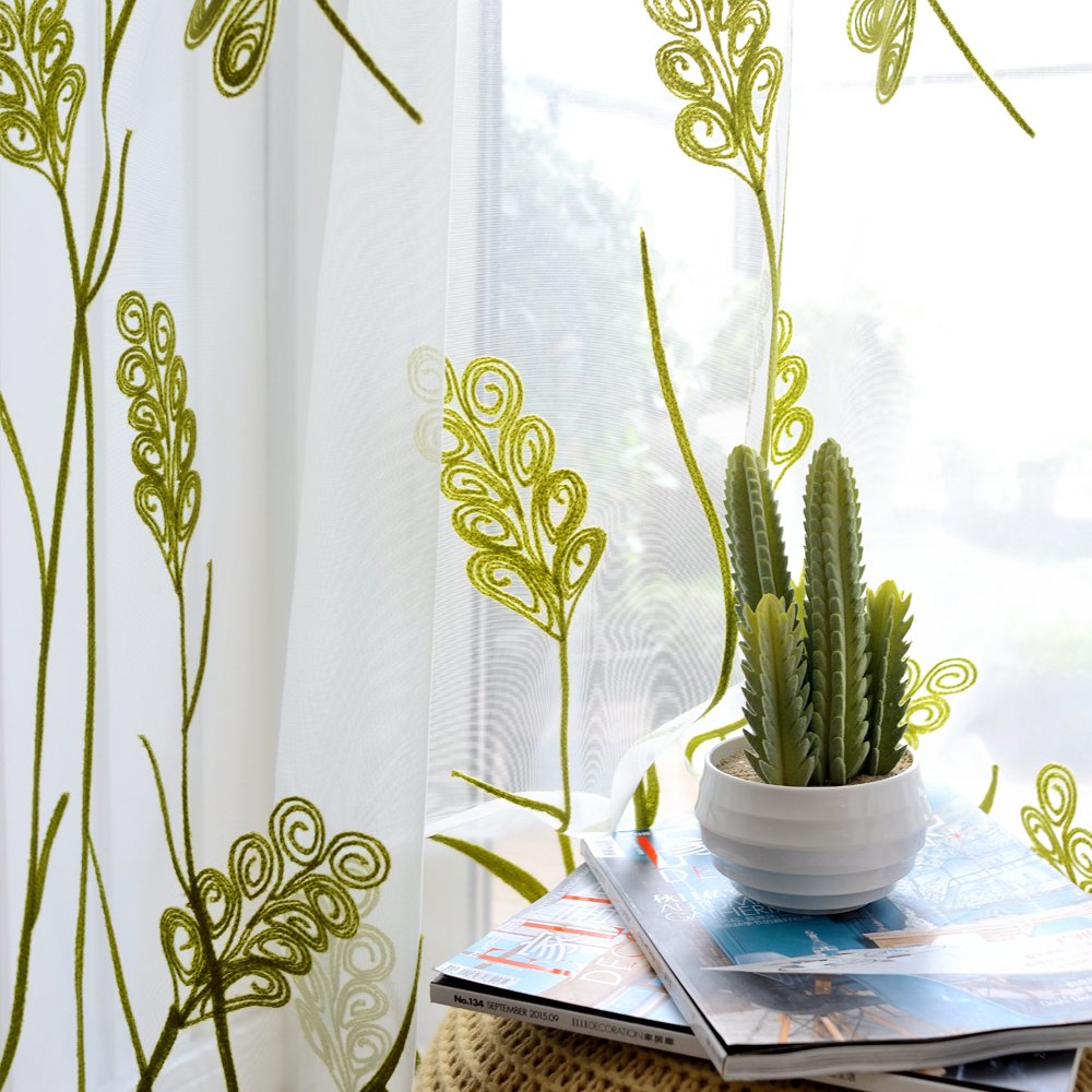 Melodieux Wheat Embroidery Sheer Curtain For Living Room Bedroom, Farmhouse Style Rod Pocket Voile Drape, White/Green, 52 By 84