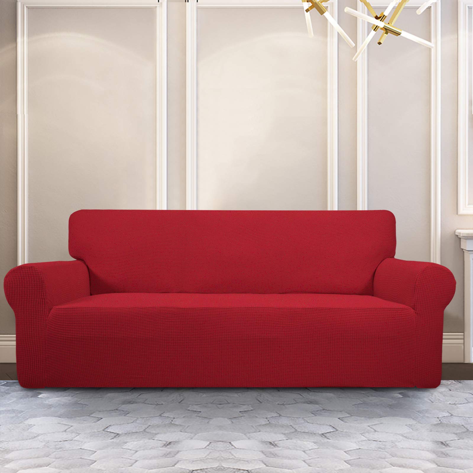 Purefit Stretch Sofa Slipcover – Spandex Jacquard Non Slip Soft Couch Sofa Cover, Washable Furniture Protector With Non Skid Foam And Elastic Bottom For Kids (Sofa, Red)
