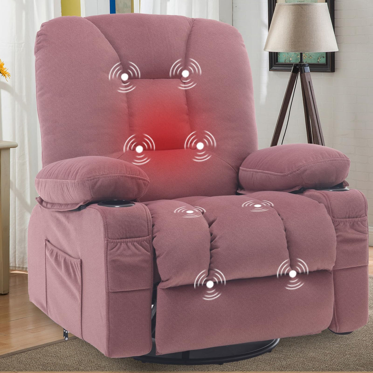 Reficcer Recliner Chairs For Adults, Pink Rocker Recliners With Massage And Heat, Overstuffed Fabric Swivel Glider With Cup Hold
