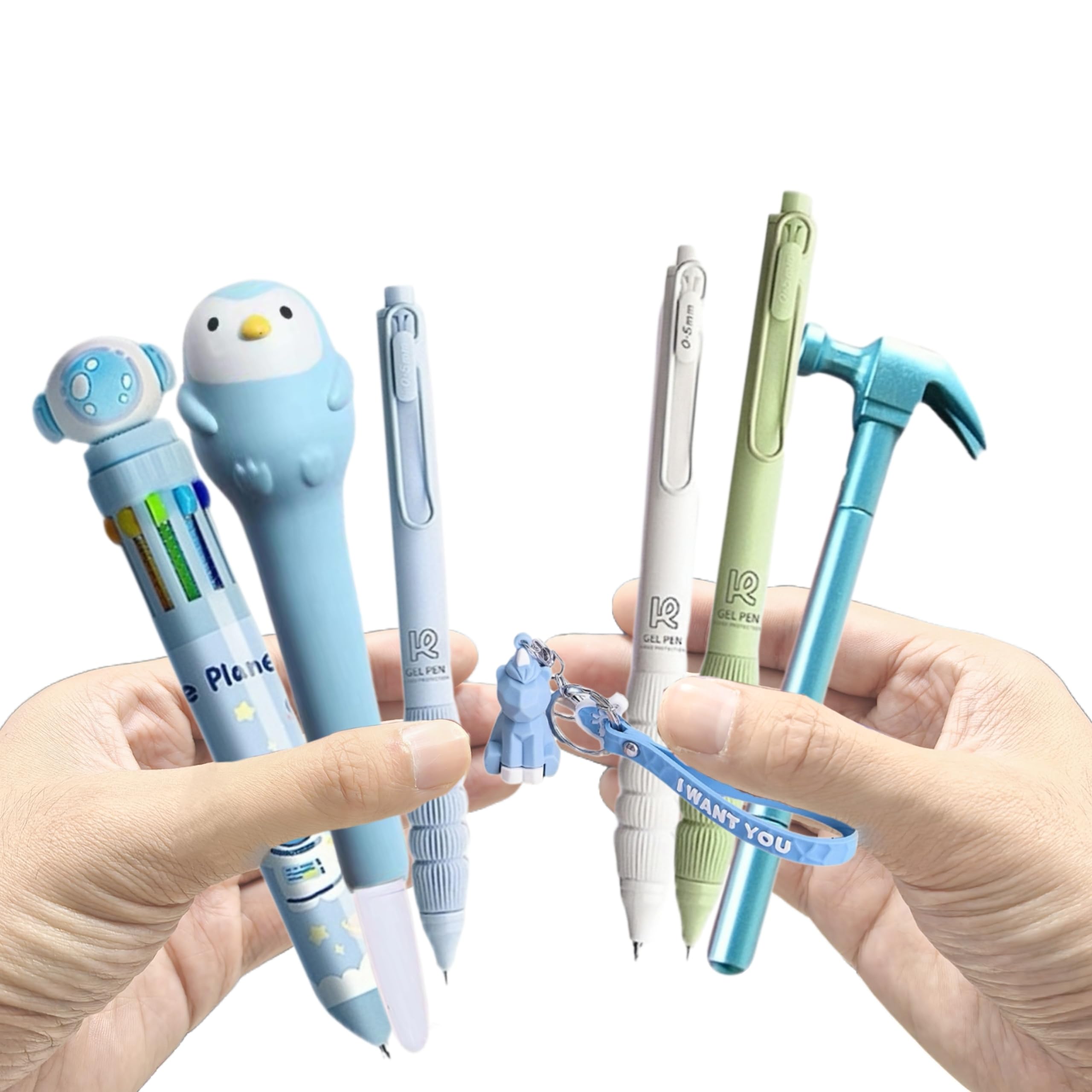 Kunheho 6Pcs Kawaii Pens With 1 Cute Keychain Great Gift For Boys Stress Relief Pen Cartoon Ballpoint Pen For Office Back To Sch