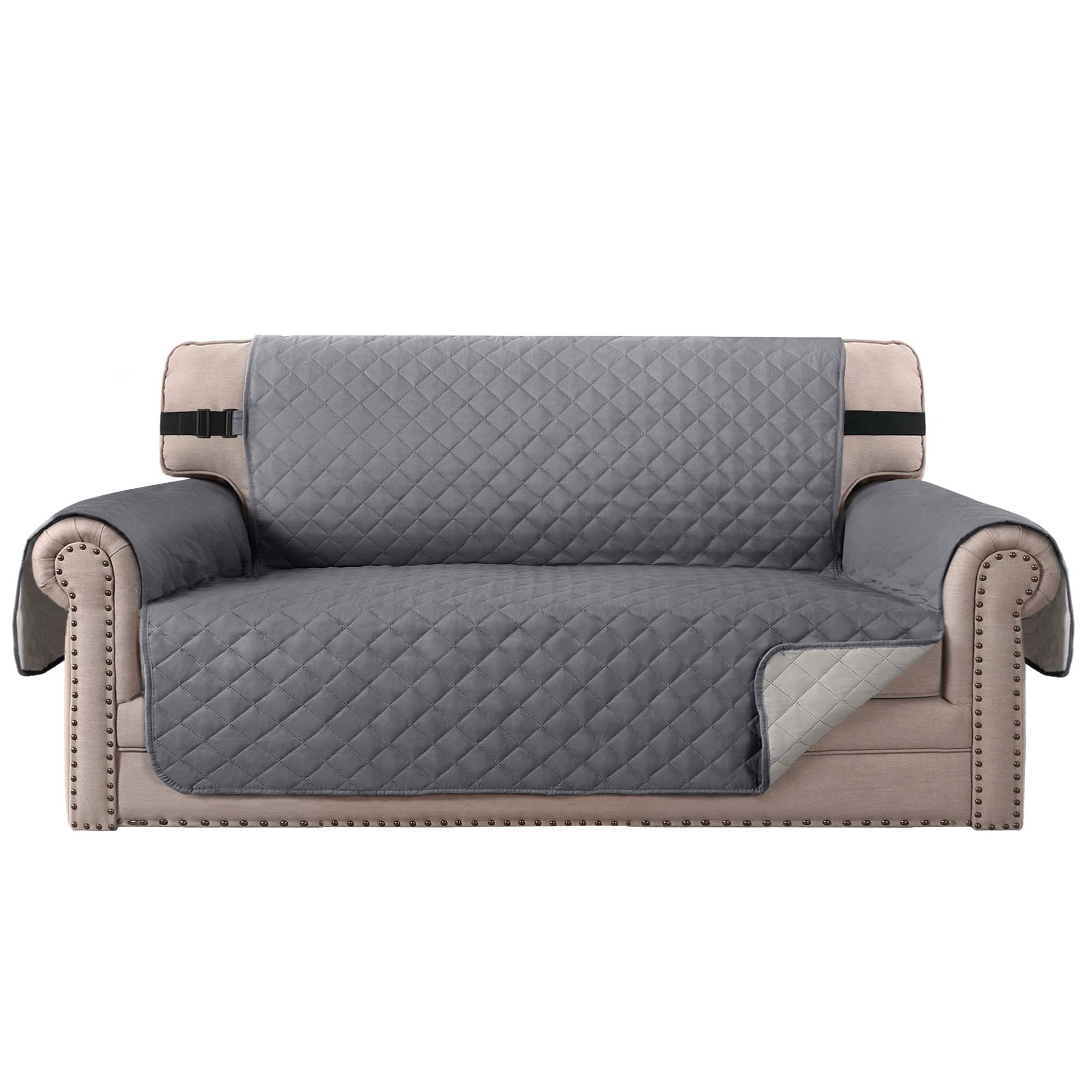 Sofa Protector For Dogs / Cats / Pets Sofa Covers Slipcover Quilted Couch Coveres Loveseat Covers With Non Slip Elastic Strap Water Resistant Seat Width: 54' (Oversized Loveseat, Grey/Beige)